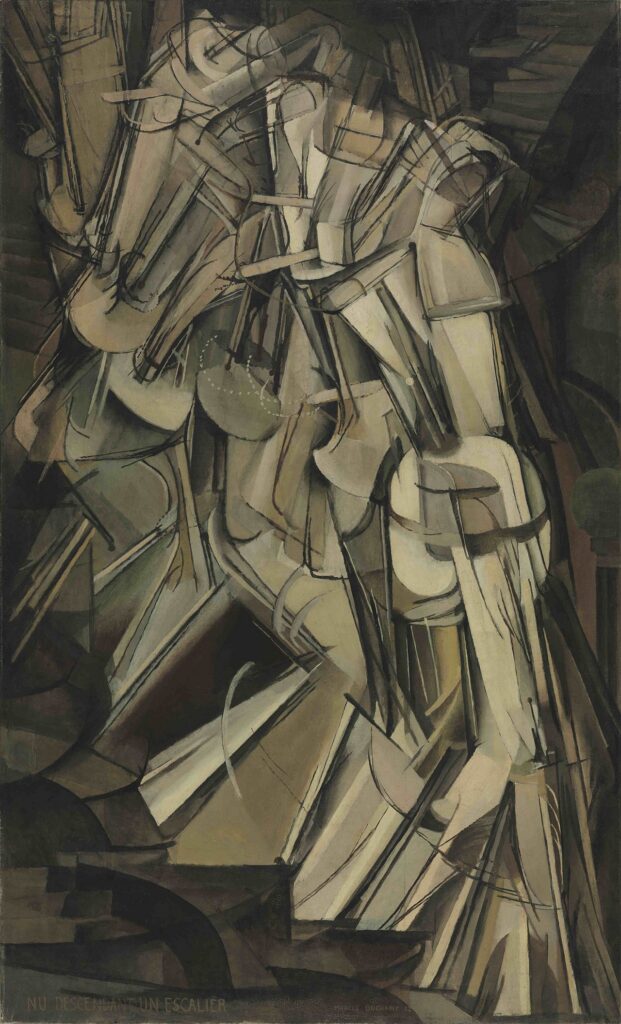 Cubist painting showing fragmented figure descending a staircase by Marcel Duchamp