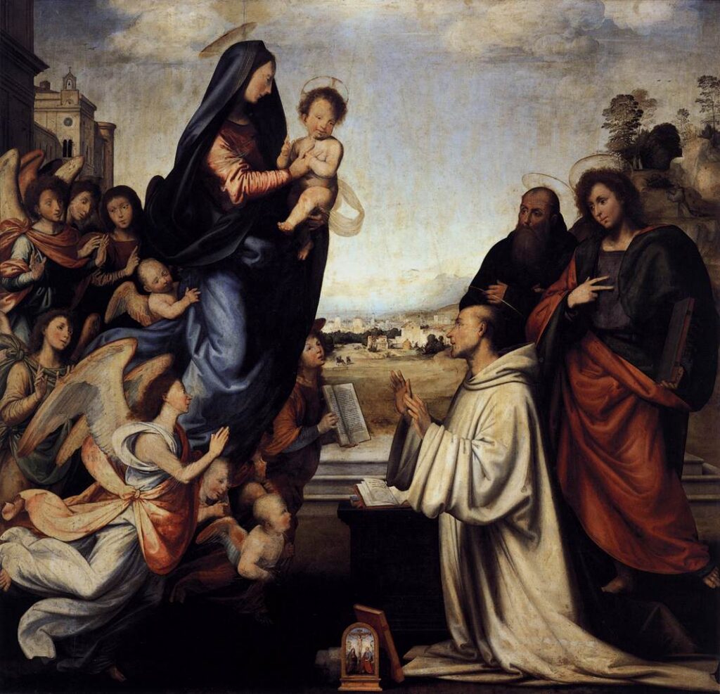 Fra Bartolomeo, Vision of St Bernard with Saints Benedict and John the Evangelist, 1504-07 — Uffizi Gallery, Florence (Public Domain)