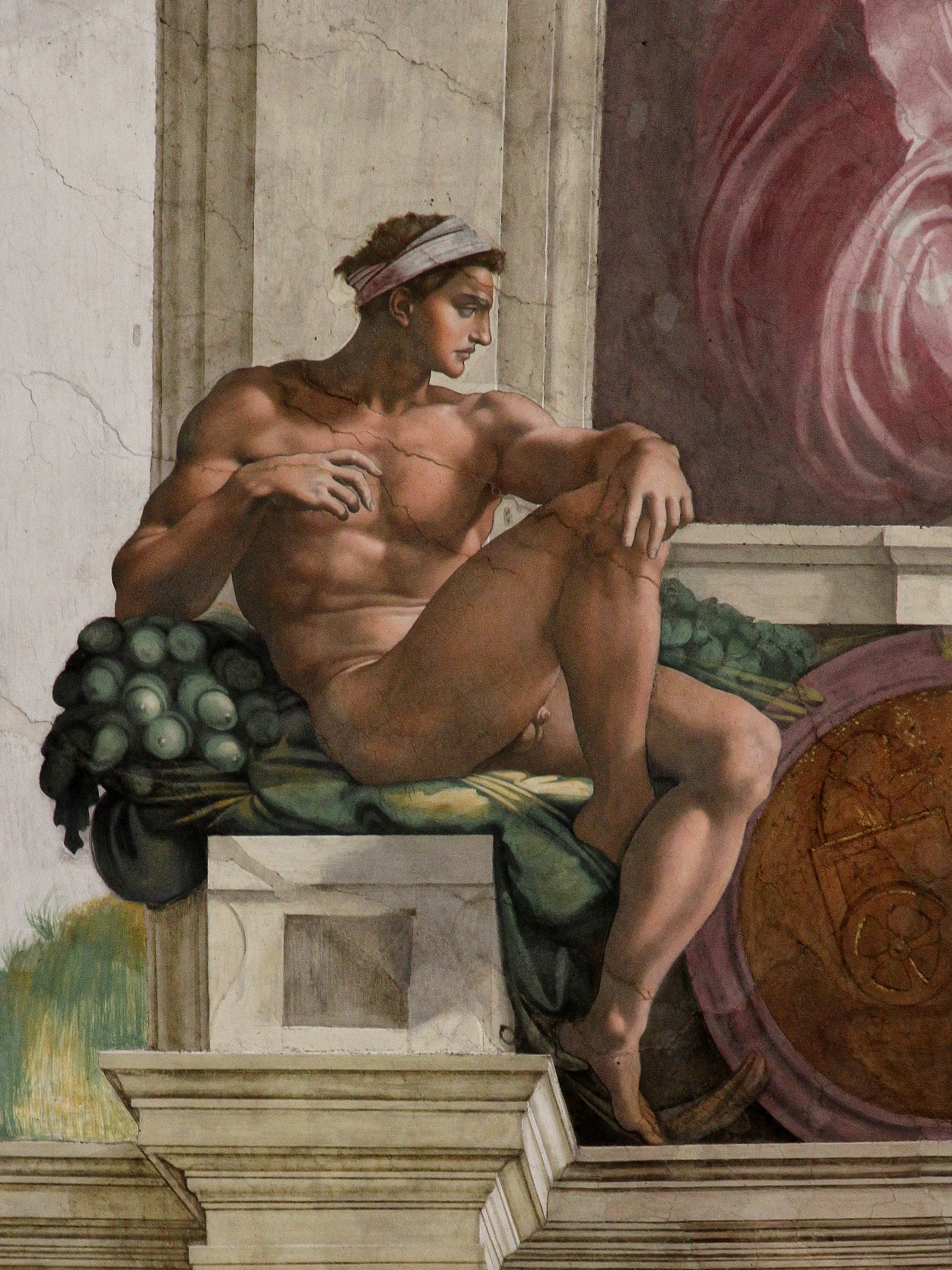 Ignudo detail by Michelangelo, Sistine Chapel ceiling, c. 1509